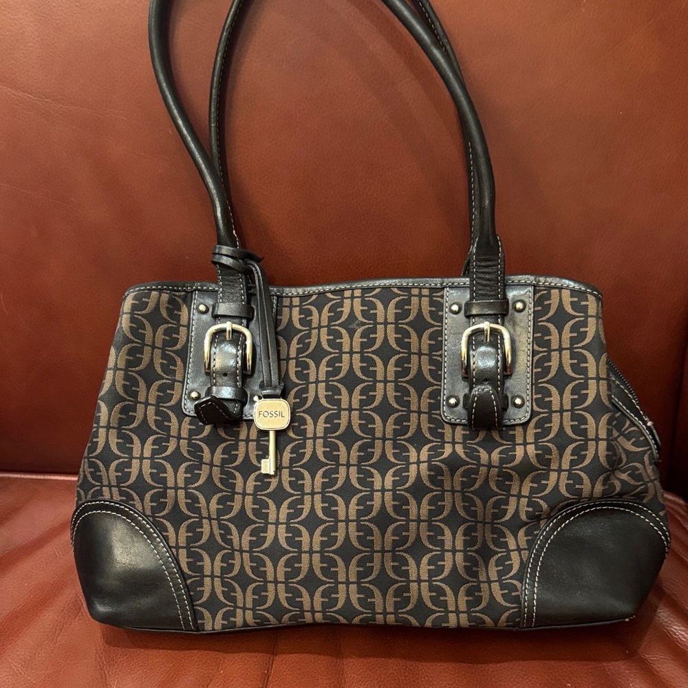 Fossil Brown and Black Monogram Shoulder Bag